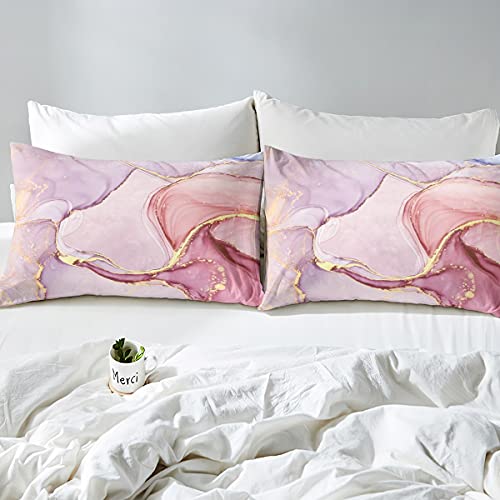 Pink Marble Duvet Cover Twin Size For Adult Women Girls Abstract Art Theme Bedding Set Purple Golden Marble Pattern Comforter Cover With Zipper Ties Boys Teens Stone Printed Soft Microfiber Bedspread #TOP4