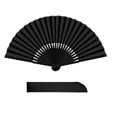 BEZHO Abanico Plegable de Tela, Abanico de Mano para Rave | Abanico Portátil de Seda para Bodas, Fiestas, Baile, Decoración y Regalo, Color Negro