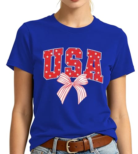 4th of July USA Shirt Women-Patriotic Bow Shirts USA 250th Anniversary T-Shirt Red White and Blue Bow Tee Tops