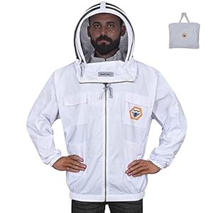 BP-101 Beekeeping Jackets with Fencing Veil Breathable Cotton Beekeeper Suit Outfit Total Protection for Professional and Beginner (Large, White)