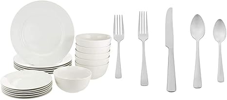 Amazon Com Amazon Basics 18 Piece White Kitchen Dinnerware Set Dishes Bowls Service For 6 20 Piece Stainless Steel Flatware Silverware Set With Square Edge Service For 4 Dinnerware Sets