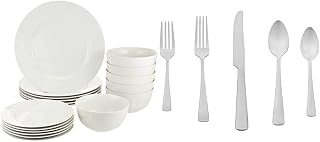 Amazon Basics 18-Piece Kitchen Dinnerware Set, Plates, Dishes, Bowls, Service for 6 - White and Amazon Basics 20-Piece Stainless Steel Flatware Set