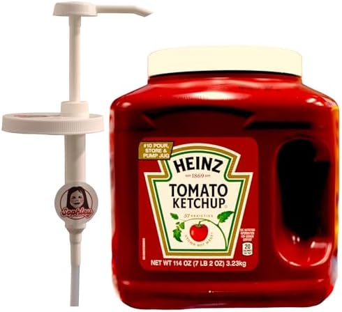 Heinz Tomato Ketchup, 114 oz & a Sophley 1 oz. Condiment Pump Kit with 4 5/16" (110 mm) Screw On Adapter Lid