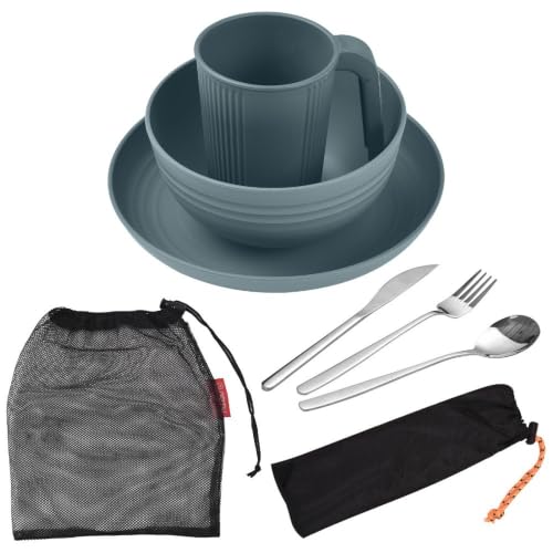 Set de Cocina para Camping ACNTENY Kit Completo con Plato, Tazón, Taza, Cuchara, Tenedor y Cuchillo en Azul