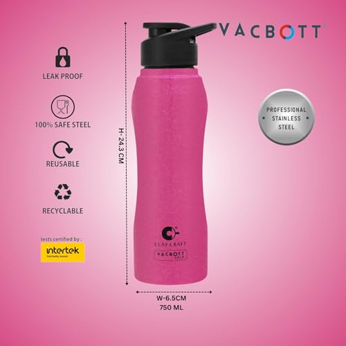 Image of Clay Craft VACBOTT Neo Single Walled Non Insulated Water Bottle-750ML, 6-Piece(Pink) Leak Proof | Easy Grip |Easy To Carry| Gym Bottle | Home | Kitchen | Hiking | Treking Bottle | Travel Bottle