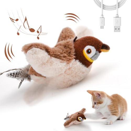 LIFLIX 猫 おもちゃ 鳥 電動 ピョンピョンバード 動くぬいぐるみ 羽ばたく 鳴く 一人遊び またたび入り 充電式 スズメの商品画像（Amazon）