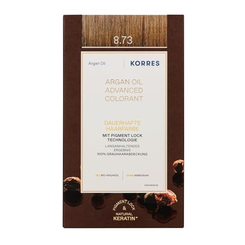 KORRES Argan Oil Colorant - tinte sin amoníaco con aceite de argán orgánico Caramelo Dorado 8.73-100% cobertura de canas & vegano para un resultado de color duradero