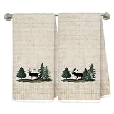 LRWHDFW Vintage Rustic Green Forest Deer Moose Kitchen Towels, Gifts for Moose Lovers Decorative Hand Tea Towels for Bathroom, Farmhouse Wildlife Cabin Dish Towel Drying Cloth, 16x24 Inches Set of 2