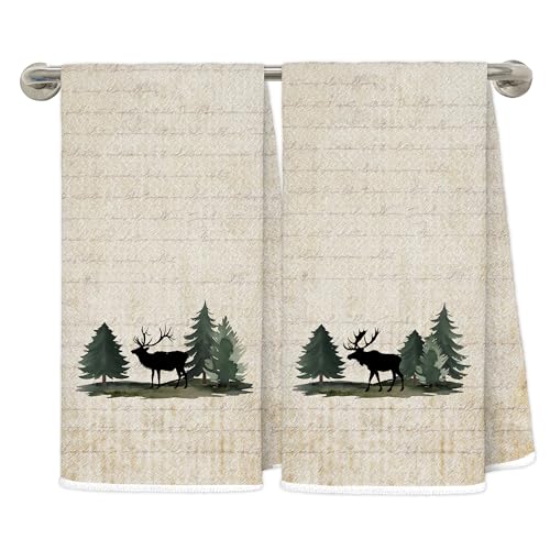 LRWHDFW Vintage Rustic Green Forest Deer Moose Kitchen Towels, Gifts for Moose Lovers Decorative Hand Tea Towels for Bathroom, Farmhouse Wildlife Cabin Dish Towel Drying Cloth, 16x24 Inches Set of 2