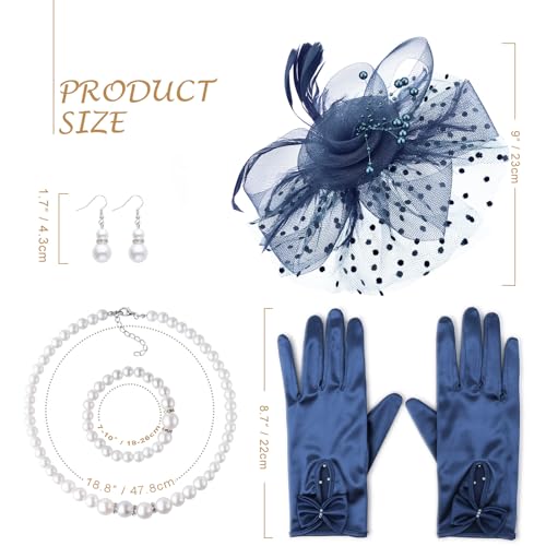 Image of DRESHOW 1920s Vintage Fascinators Hat for Women Veil Mesh Tea Party Derby Hat Bow Satin Gloves Pearl Jewelry Set for Cocktail