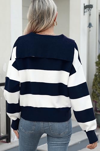 Image of D-Sun Women Striped Sweater V Neck Long Sleeve Cropped Color Block Pullover Sweater Casual Fall Winter Knit Polo Jumper Top