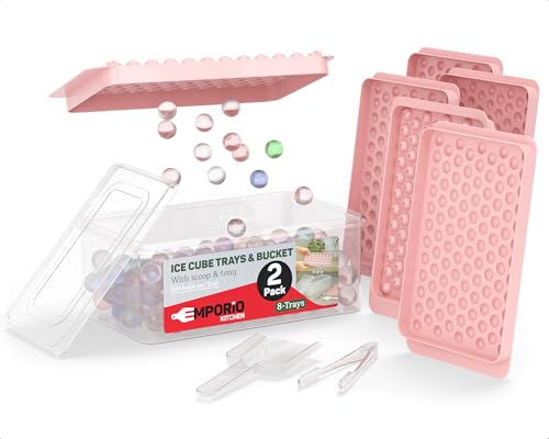 Emporio Kitchen Round Ice Cube Tray Set Pack of 2, BPA-Free Stackable Trays with Lid & Tongs, 104 Ice Balls Per Tray for Whiskey, Drinks, and Cocktails, Quick Release Round Ice Cube Mold, Pink
