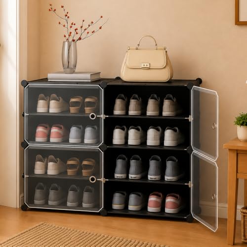 Sunderlook Shoe Rack Plastic for Home- Shoe Stand, Chappal Stand, Professional Multipurpose Foldable Standing Comfort Runner Shoe Rack with Door, Slipper Stand (Black, 8 Shelf 4 Door)