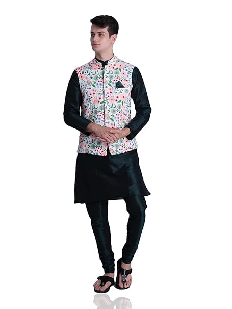 Image of Uri and MacKenzie Men's Silk Blend Kurta Pyjama with Stylish Embroidered Ethnic Jacket