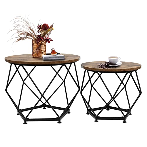 Round Coffee Table, Modern Coffee Table Set Of 2 Wooden Surface With Metal Frame, Small Side Table, End Table For Living Room, Bedroom, Home Office, Farmhouse, Rustic Brown And Black #TOP27