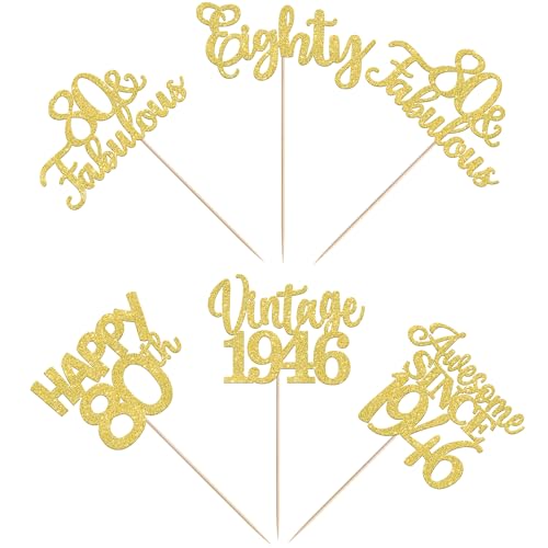 Image of 15 PCS 80th Birthday Centerpiece Sticks Double Sided Eighty Happy 80th Vintage 1946 Table Flower Centerpieces Sticks Cheers to 80 Fabulous Floral Decorations for 80th Birthday Party Supplies Gold