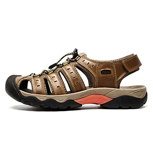Summer Anti-Collision Sandals Outdoor Sports Men's Beach Shoes Men's Closed Toe Hiking Sandals Casual Large Men's Leather Sandals Anti Slip Mountain Climbing Sandals (Light Brown,8.5) #TOP1