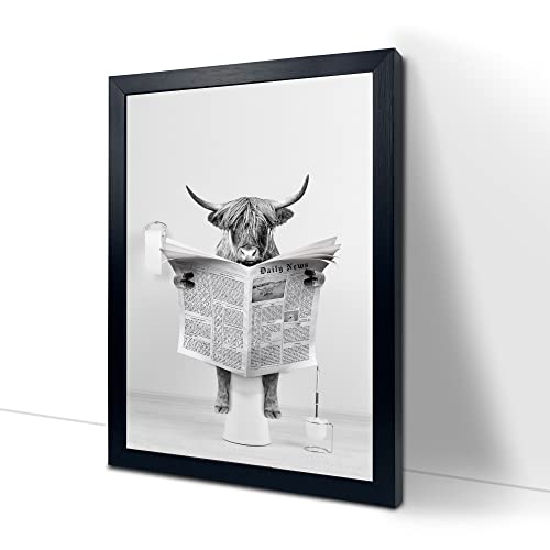 Black Framed Bathroom Decor - Funny Highland Cow Wall Art In Bathtub, Black And White Canvas Cow In Bathroom Picture, Humor Animals Bathroom Artwork Prints, Rustic Farmhouse Style Wall Decor Ready To Hang For Living Room, Bathroom, Bedroom, Kids Bathroom Decor #TOP1