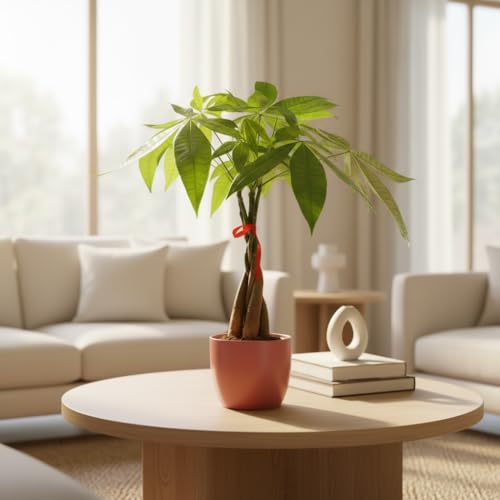 Image of Money Tree Live Plant | 14-22 Inches Tall Bonsai | Easy to Grow Indoor Houseplant | Home, Office, or Room Decor | Birthday, Housewarming Gift (Coral)