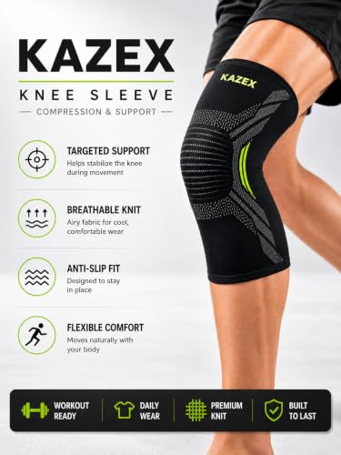 Image of Knee Support Brace by KAZEX for Men & Women | Compression Knee Sleeve for Arthritis Relief, Joint Protection & Recovery | Stretchable Anti-Slip Support for Running, Gym, Sports & Workout - (Black- Green)-S