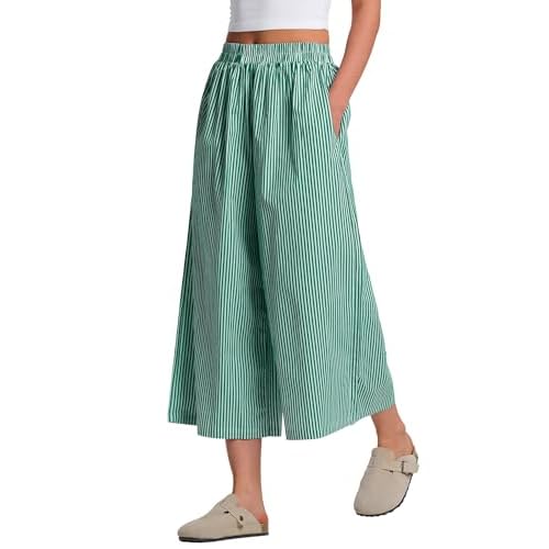 LOMON Women Wide Leg Capri Pant Gingham Striped Crop Culottes Spring Summer