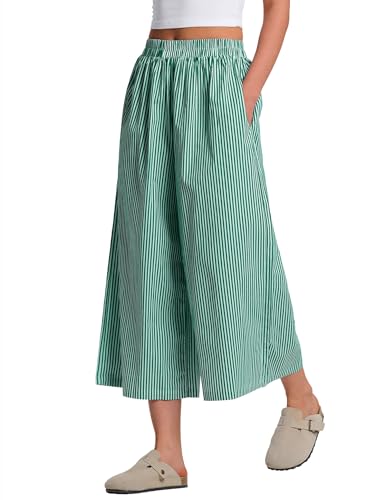 Image of LOMON Womens Wide Leg Capri Pants Gingham Plaid Culottes Summer Elastic Waist Palazzo Trousers Bottoms with Pockets