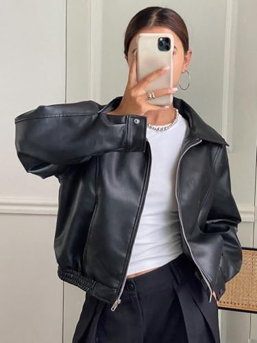 Women's 2024 Fashion PU Jacket Solid Color Loose Fit Long Sleeve Lapel PU Jacket2