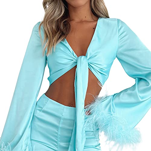 Women 'S 2 Piece Tracksuit Outfits Long Sleeve Feather Cuff Tie Knot Crop Tops+High Waist Pants Set (Blue, Medium) #TOP2
