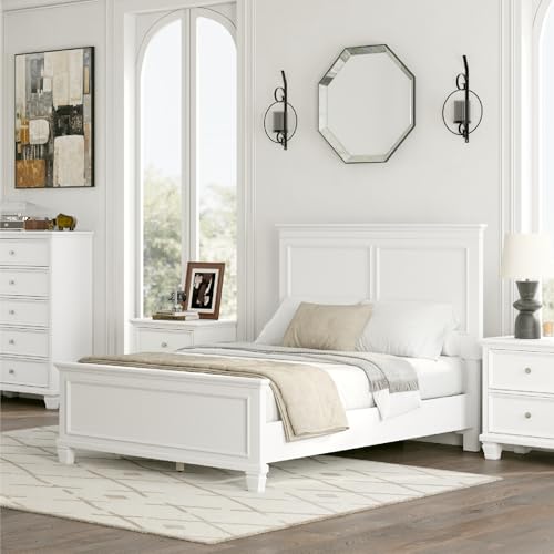 Image of Signature Design by Ashley Bed Frame, Full Panel White Transitional | Hardwood solids and MDF substrate, White panel framing, Compatible with adjustable base, Fortman Series