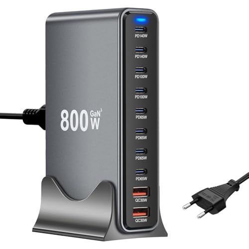 800W Cargador USB C Multiple, 10-Puertos GAN III Estación de Carga Rápida, Estacion de Carga con 8 USB-C(140W-65W) y 2 USB-A(30 W), para Cargador Compatible con MacBook, iPhone, iPad, Samsung, Huawei