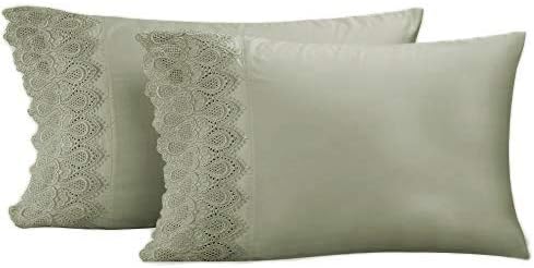 RENAURAA 600 Thread Count Cotton Rich, 2 Piece King Size Pillowcase Set, Lace Hem, Soft & Smooth Sateen Weave, Hotel Quality, Sage