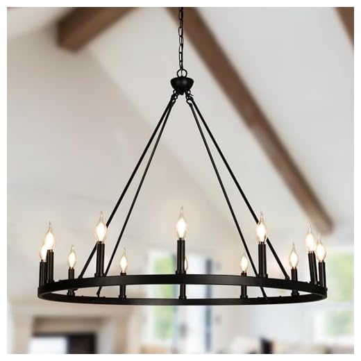 Psyverii 12-Light Candle Style Black Wagon Wheel Chandelier, Retro Farmhouse Country Style Industrial Large Round Pendant Light Fixture for Living Room, Dining Room, Foyer, Entryway