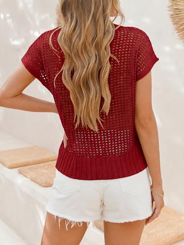 Image of ANRABESS Short Sleeve Sweater for Women Summer Crochet Knit Tops