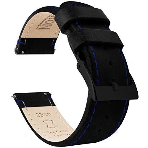 [BARTON WATCH BANDS] ブラック/ブルー ステッチ - - クイック リリース レザー ブラック バックル 時計 バンド ストラップ 18mm ブラックレザー/ブルーステッチ(ブラックバックル)