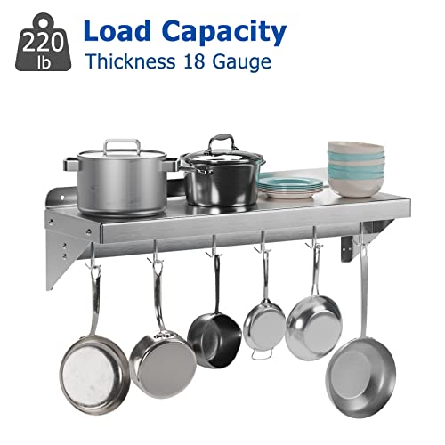 Riedhoff Metal Multifunctional Storage Rack With Backplash For Kitchen, [Nsf Certified] 12" X 36" Stainless Steel Wall Mount Shelf With 6 Hooks For Hanging Pots, Pans,Cookware In Home And Restaurant #TOP4
