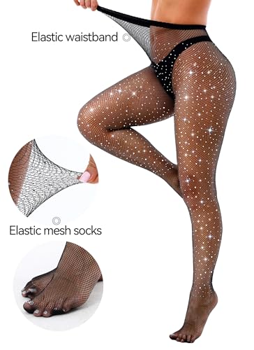 Image of VEBZIN Sparkly Fishnets Stockings High Waist Fishnet Tights for Women | Rhinestone Design, Sparkly Glitter Effect, Reinforced Toe, High Stretch, Everyday Wear, Rave Party Concert Festival Outfits