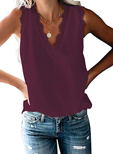 HARHAY Women's V Neck LaceÂ Trim Casual Tank Tops Sleeveless Blouses Shirts WineRed S