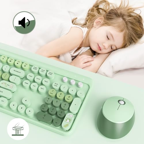 Image of GTSP Typewriter Colorful Green Wireless Keyboard and Mouse Combo, 2.4GHz Full-Size Retro Cute Office Computer Keyboard with Round Keycaps for Desktop Laptop and PC (Colorful Green)