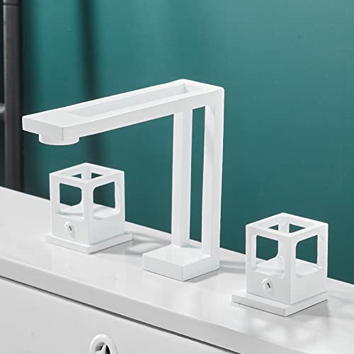 WOTZOV Grifo de Lavabo de 3 Orificios, Mezclador de baño con Dos manijas divididas, Grifo de latón para Agua fría y Caliente, Color Blanco