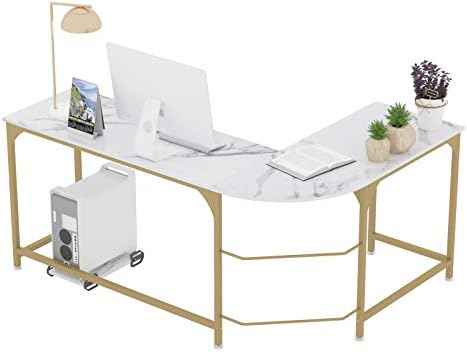 Teraves Reversible L-Shaped Desk Corner Gaming Computer Desk Office Workstation Modern Home Study Writing Wooden Table (Large, White Marbling+ Gold Frame)