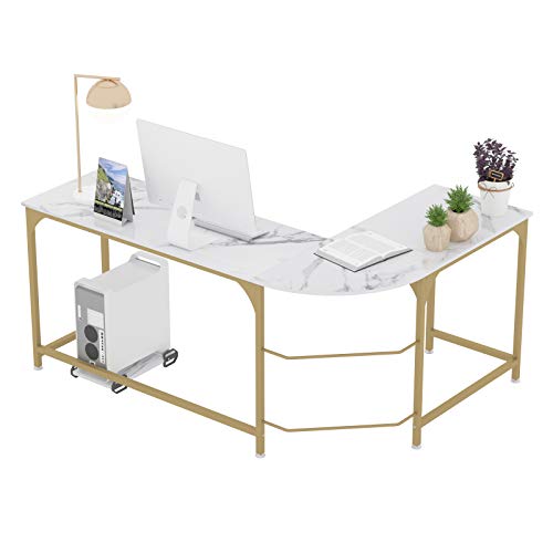 Teraves Reversible L Shaped Desk White - 66.1" Corner Gaming Computer Desk, Office Workstation Modern Home Study Writing Table, Marble Gold by Teraves - Used condition - US$99.53
