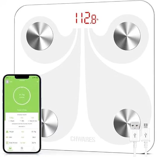 Bluetooth kroppsfettsvågar, USB-uppladdningsbar digital vikt badrumsvågar, CHWARES smart app för BMI-skala 13 kroppsdata, 180 kg/396 lbs/28 st, smart digital badrumsvågar vit