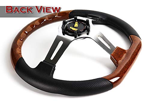 Eparts Universal 13.5" 343 Mm Racing Leather Grip 6 Hole Bolt Chrome 3-Spoke Vintage Steering Wheel With Horn Button For Car Boat Truck Yacht (Dark Wood Grain) #TOP2