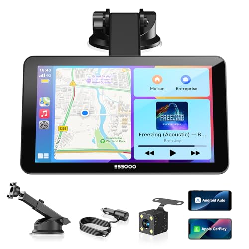 ESSGOO 7 Pouces Écran Voiture sans Fil avec Caméra de Recul,Compatible avec A-pple CarPlay & Android Auto,Supporte GPS,Siri & G-oogle Assistant,WiFi...
