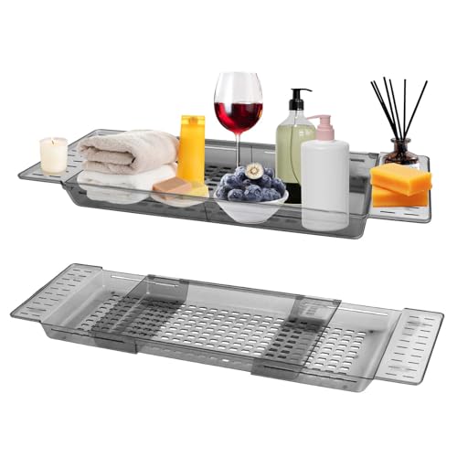 Luxvara Plateau Baignoire, Tablette Baignoire, Plateau de Baignoires Extensible Antidérapant, Planche de Bain Ajustable pour Livre, Verre à Vin, Bougie, Téléphone et Tablet (Gris)