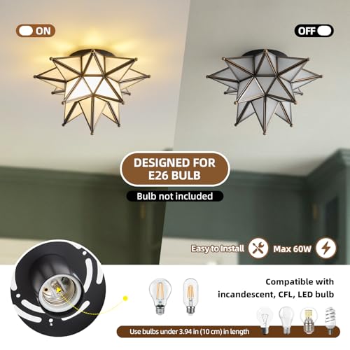 Image of Moravian Star Ceiling Light - 12.7 Inch Brass & Frosted Milk Glass, Black