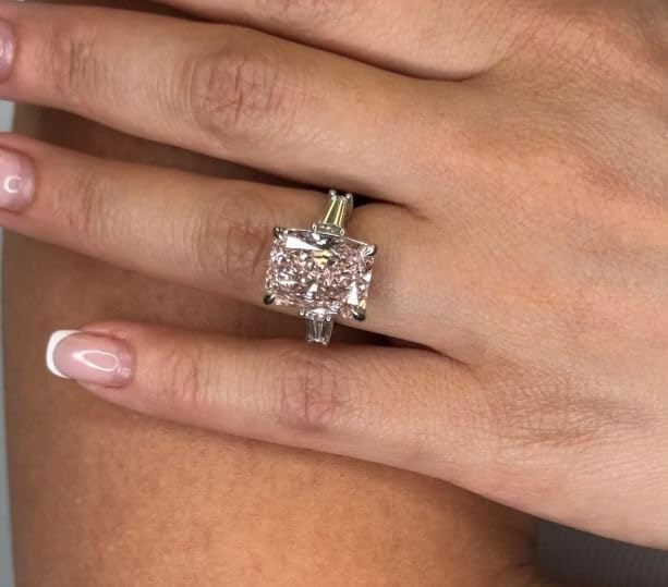 5CT Radiant Cut Pink Diamond Engagement Ring,Tapered Baguette Side Stones,14K White Gold Plated,Fancy Pink Engagement Ring for Her,Wedding Ring For Women,Gifted For Her,Size 3-12.