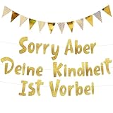 Sorry Aber Deine Kindheit Ist Vorbei Glitzerndes Goldenes Banner für 18. Und 21. Geburtstag mit 12 Dreiecksfahnen 14x21cm Geburtstagsparty Dekoration Innen und Außen Aufhängedekoration Gold