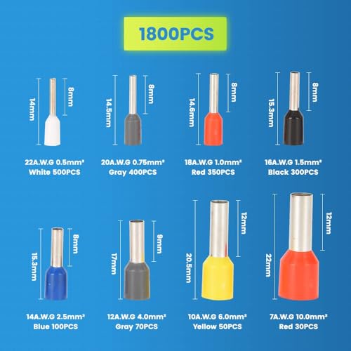 Image of 1800pcs Assortment Ferrule Wire Copper Crimp Connector, Electronic Wire Ferrules Kit, Universal Wiring Cable Connector, Insulated Cord Pin End Terminal, 0.25-10 mm (1800 Pcs Ferrule)