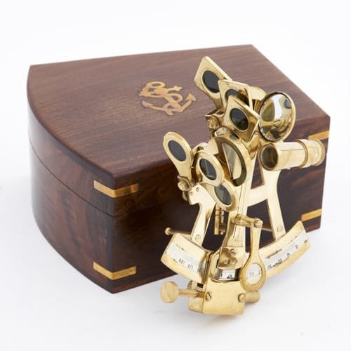 Sextante Náutico Antiguo con Caja de Madera, Instrumento de Navegación Decorativo, Astrolabio Marítimo Antiguo Estilo Vintage, Sextante Latón Macizo para Regalo (Pequeño: 12 x 12 x 6 cm)